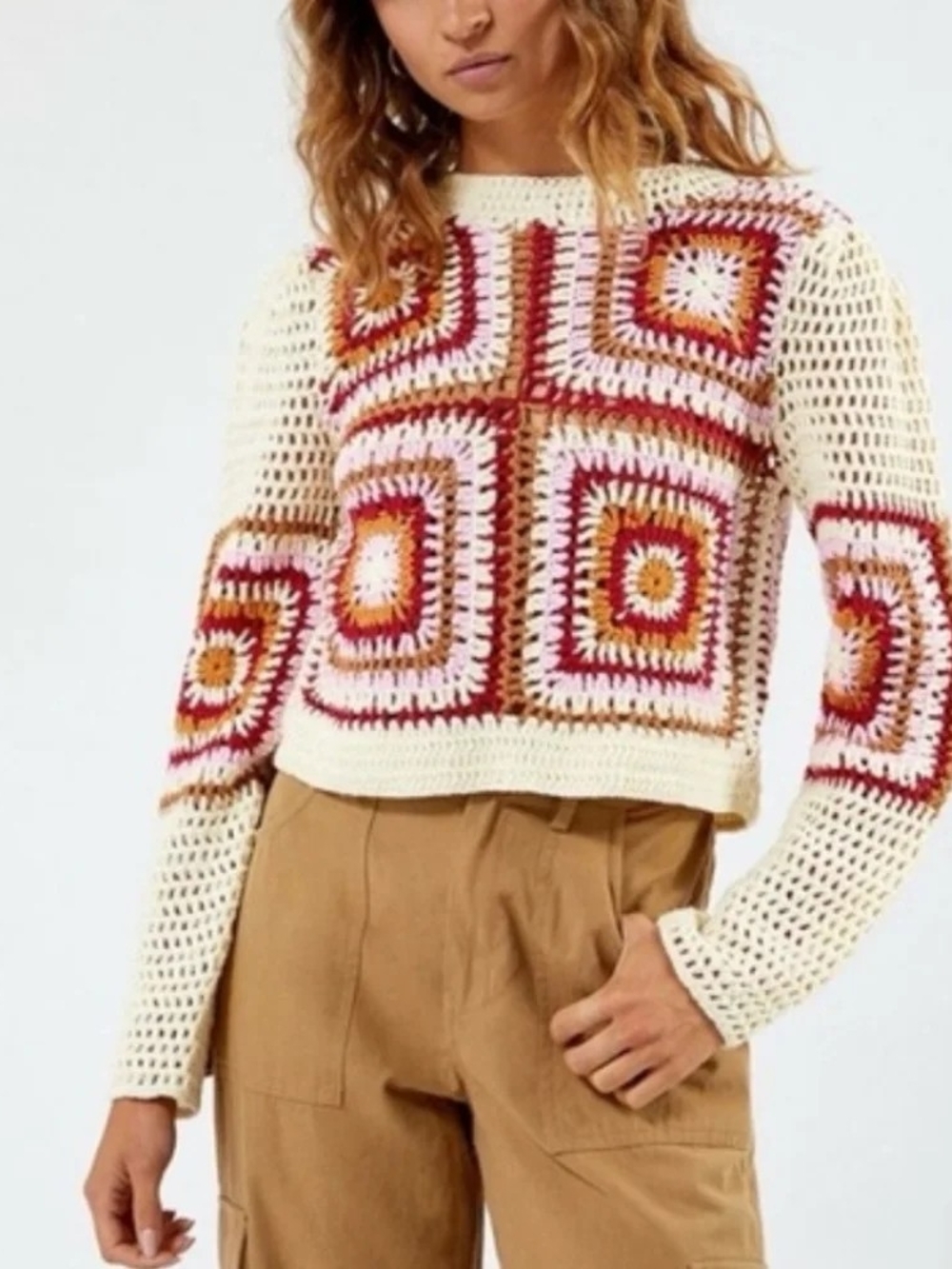 Truth Republic Crochet Square Panel Cream Sweater Festival Boho Cropped Size S